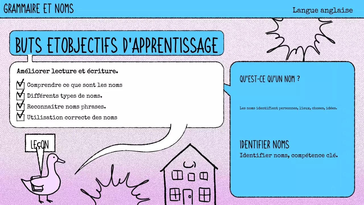 matériel de cours de grammaire en bande dessinée rose