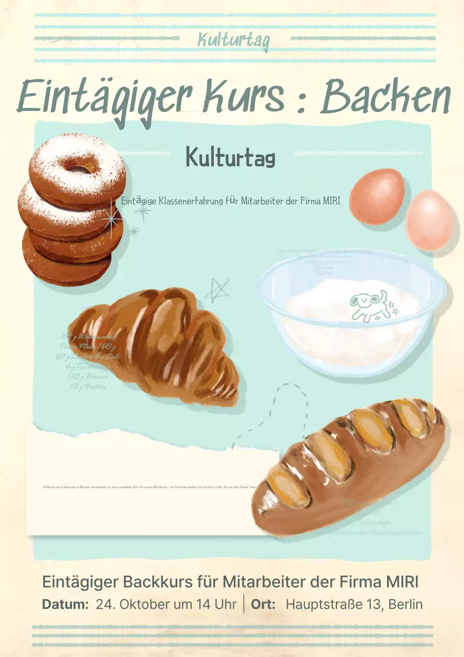 Werbung für Retro-Backkurse in Elfenbein und Hellblau