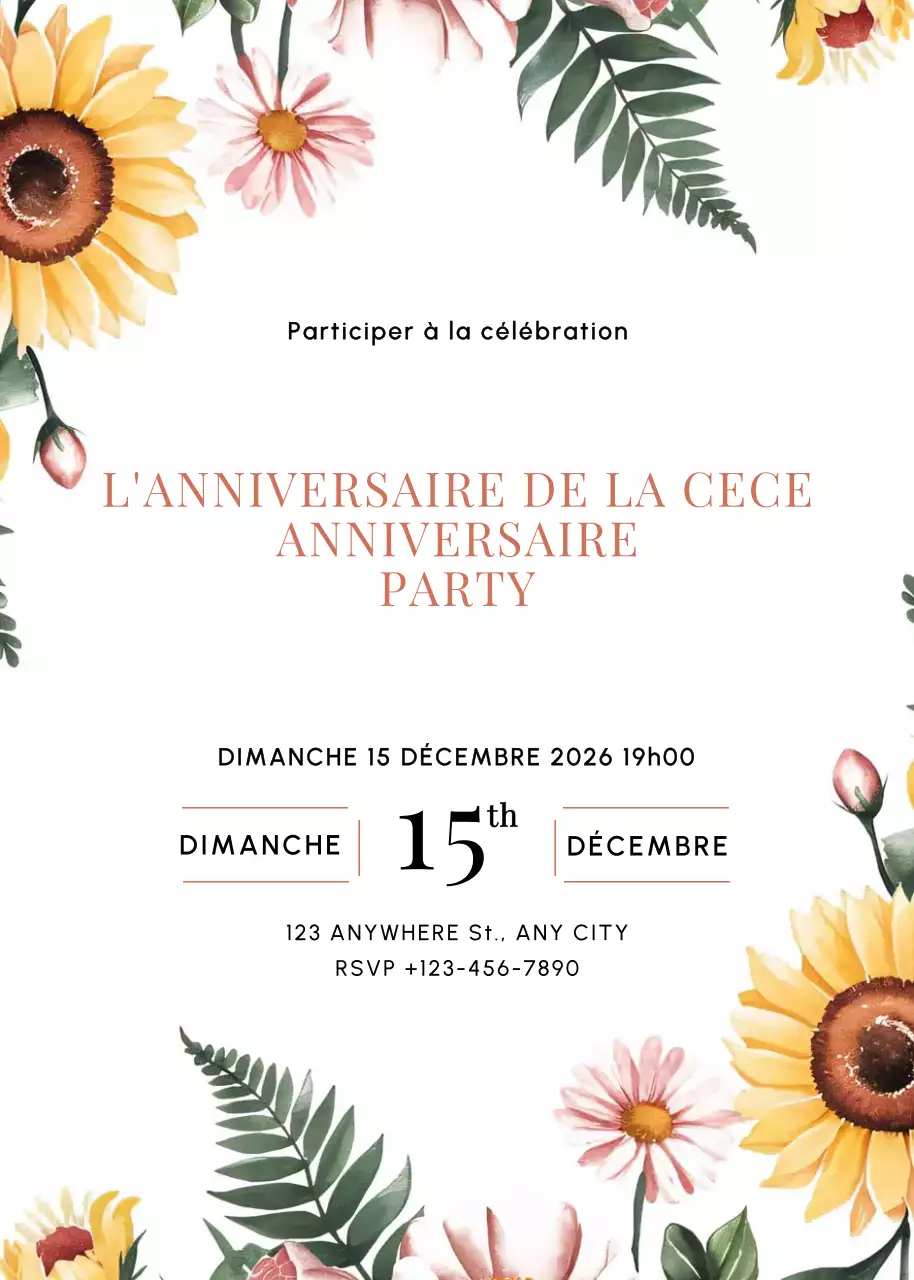 Invitation d'anniversaire jaune rose vert floral