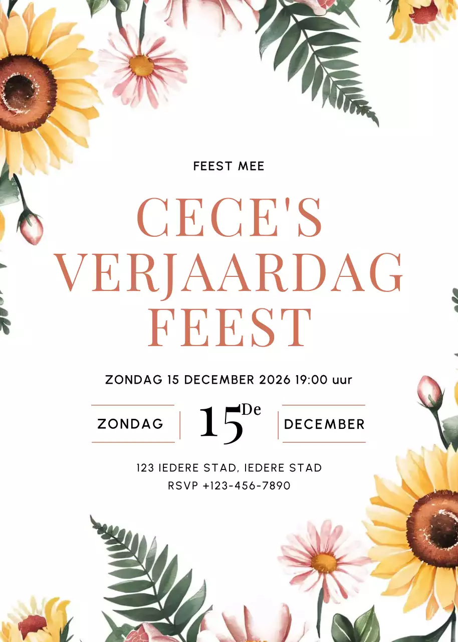 Geel roze groen gebloemde verjaardagsuitnodiging