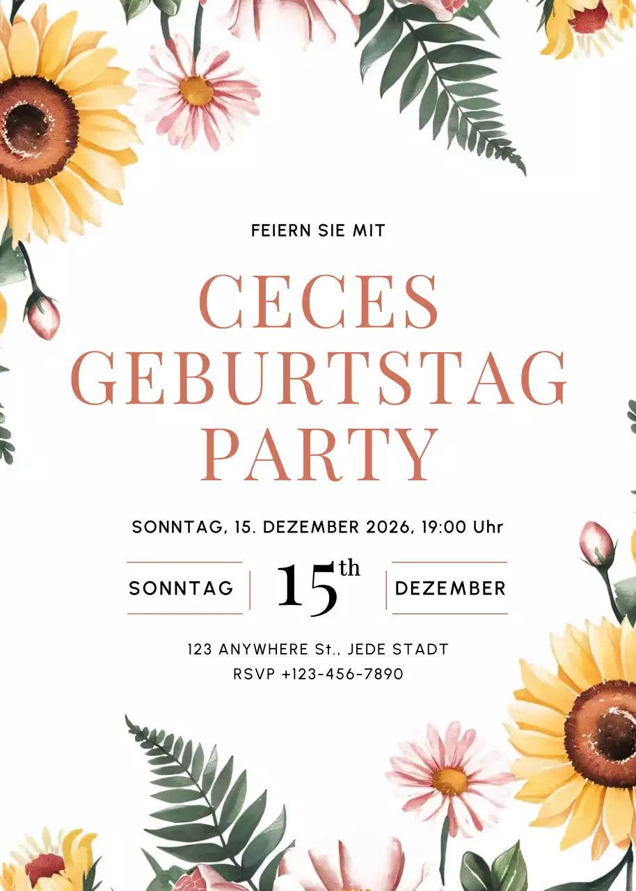 Gelb rosa grün geblümte Geburtstagseinladung