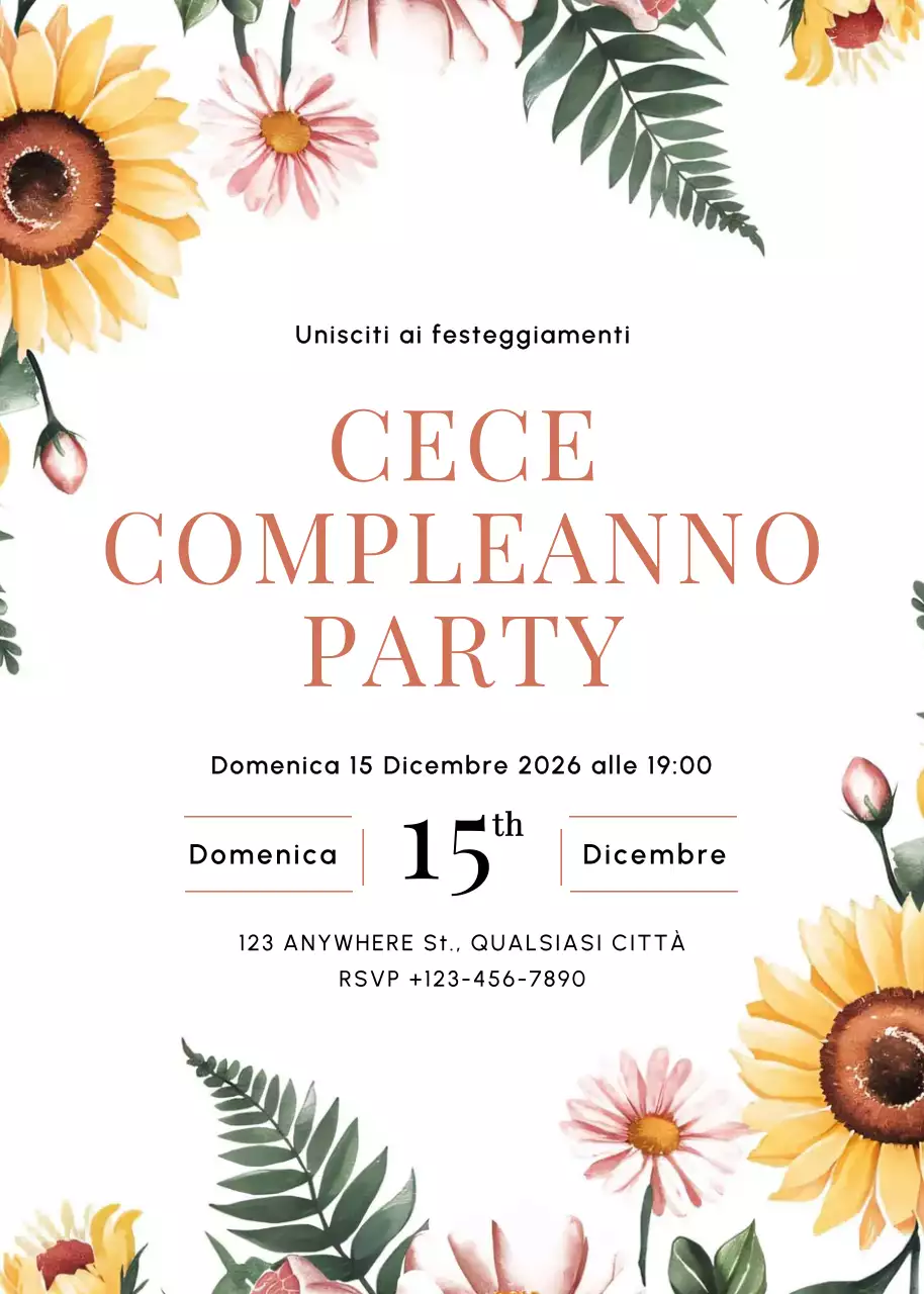 Invito di compleanno floreale giallo rosa verde