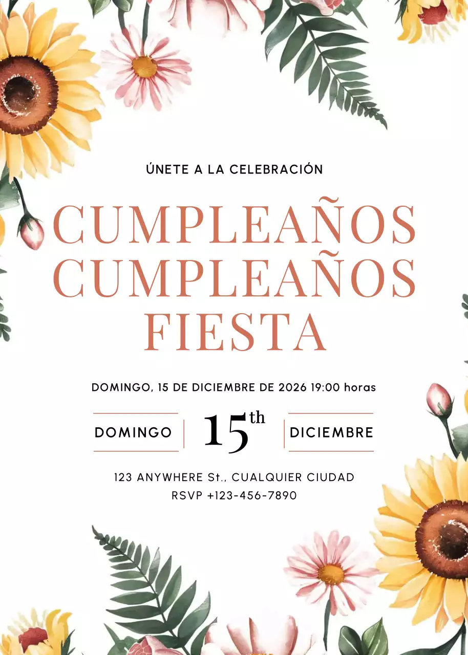Invitación de cumpleaños floral amarillo rosa verde