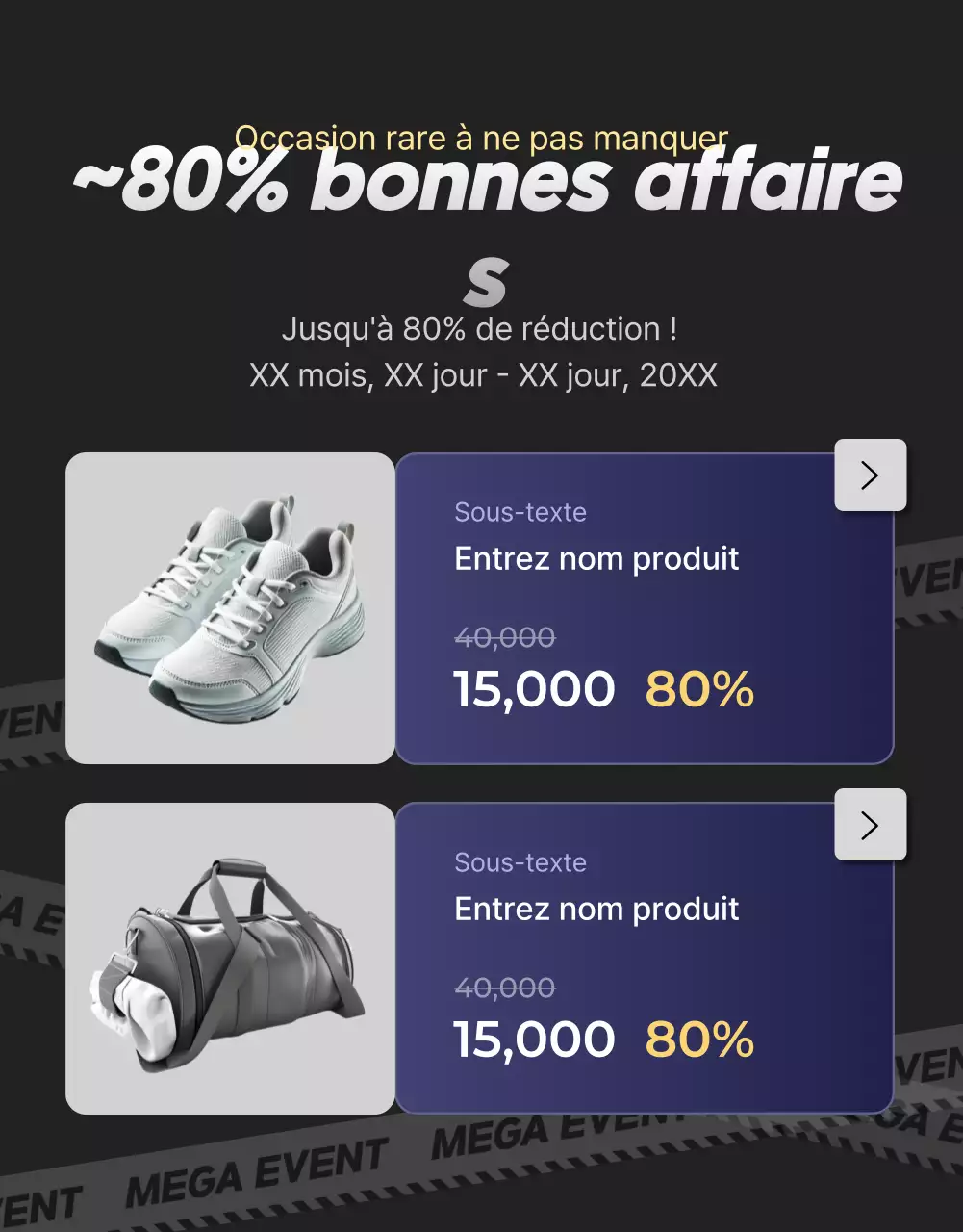 Une collection de promotions d'événements en noir et bleu marine
