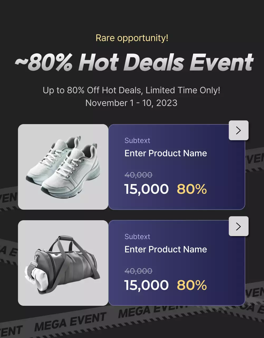 A collection of event promotions highlighted in black and navy blue