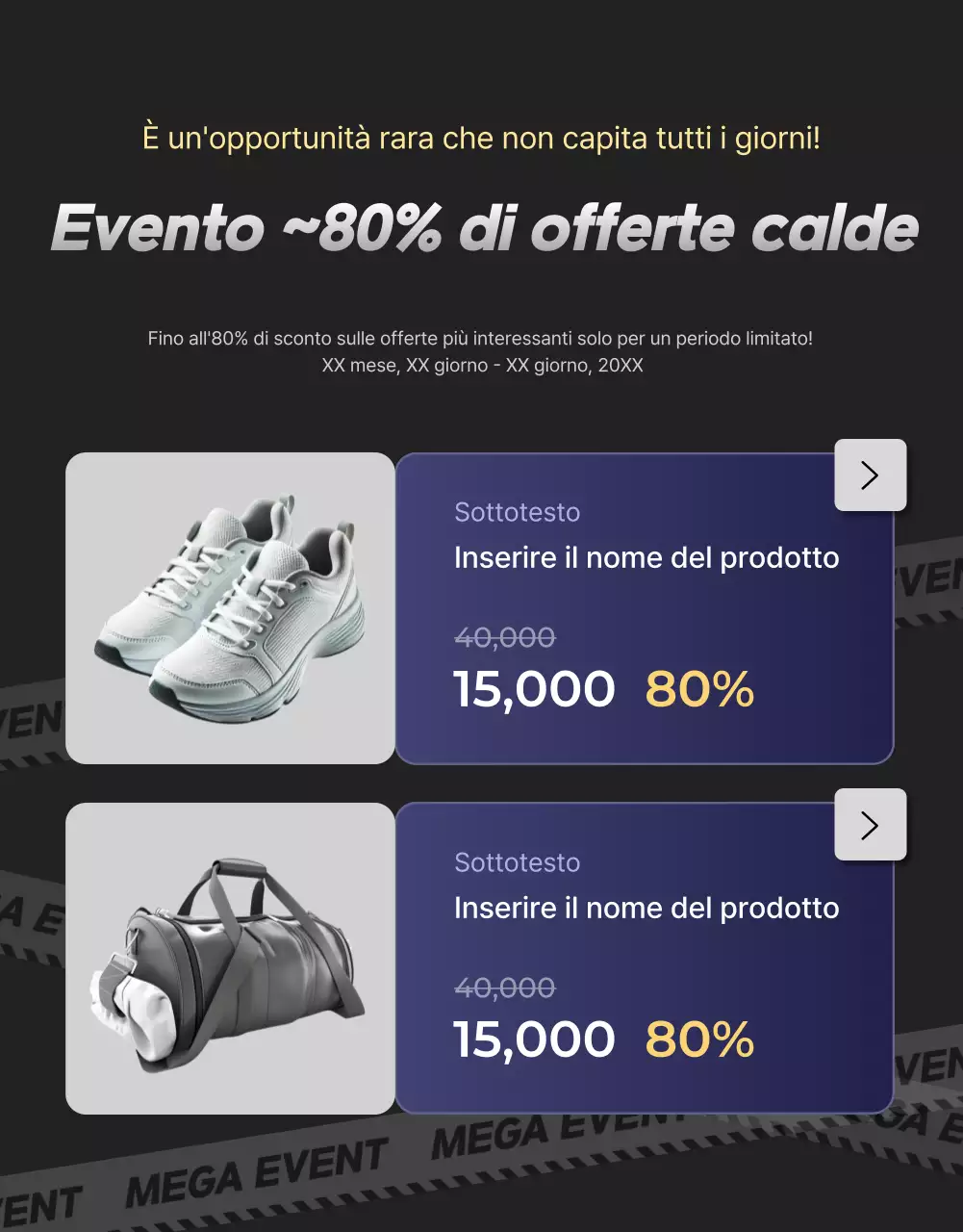 Una collezione di promozioni di eventi evidenziate in nero e blu navy