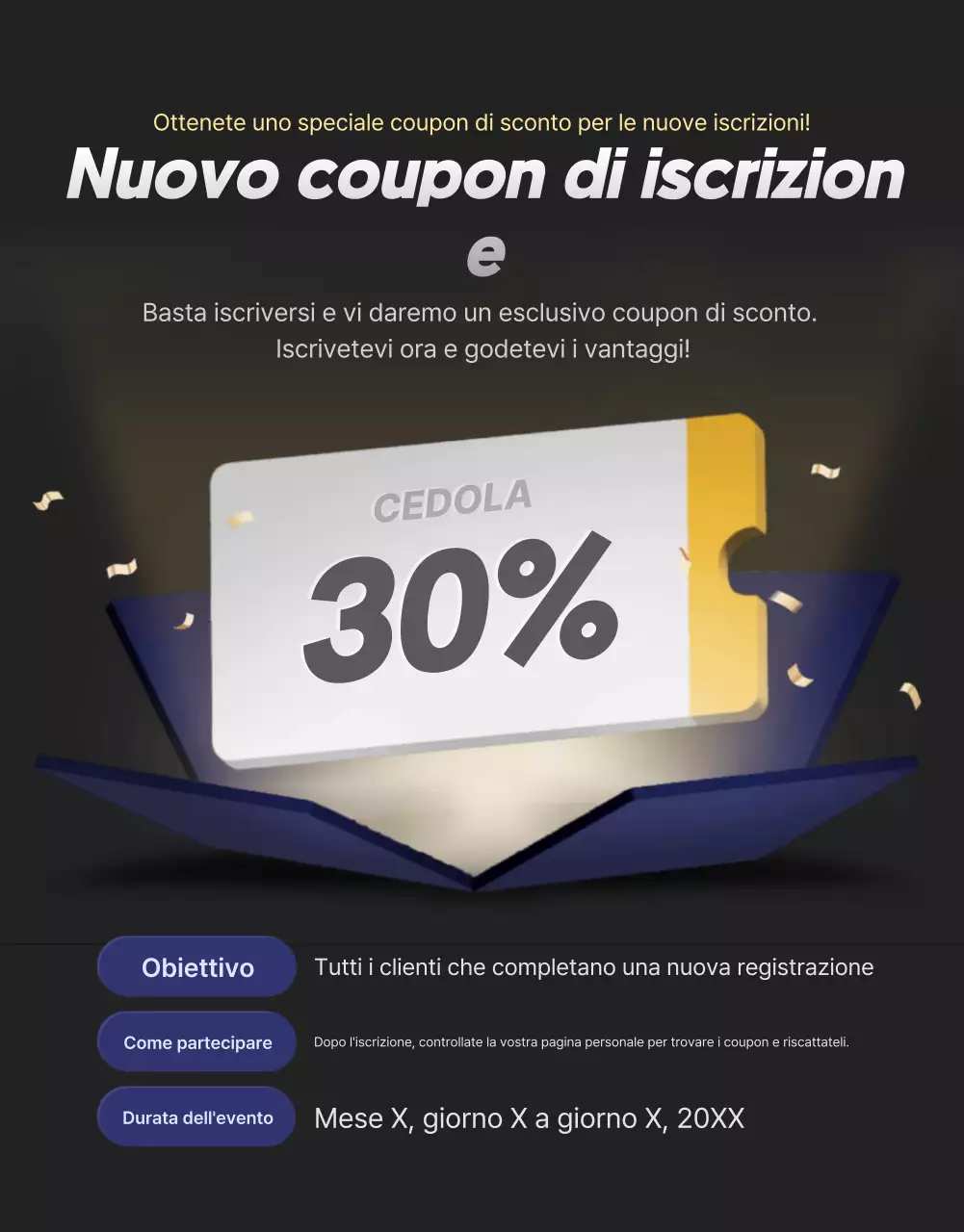 Una collezione di promozioni di eventi evidenziate in nero e blu navy