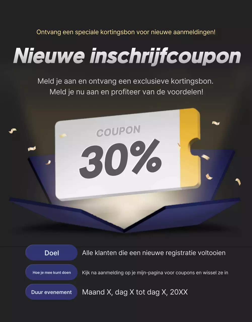 Een verzameling promoties voor evenementen in zwart en marineblauw