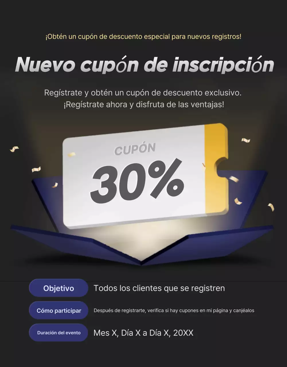 Una colección de promociones de eventos resaltadas en negro y azul marino