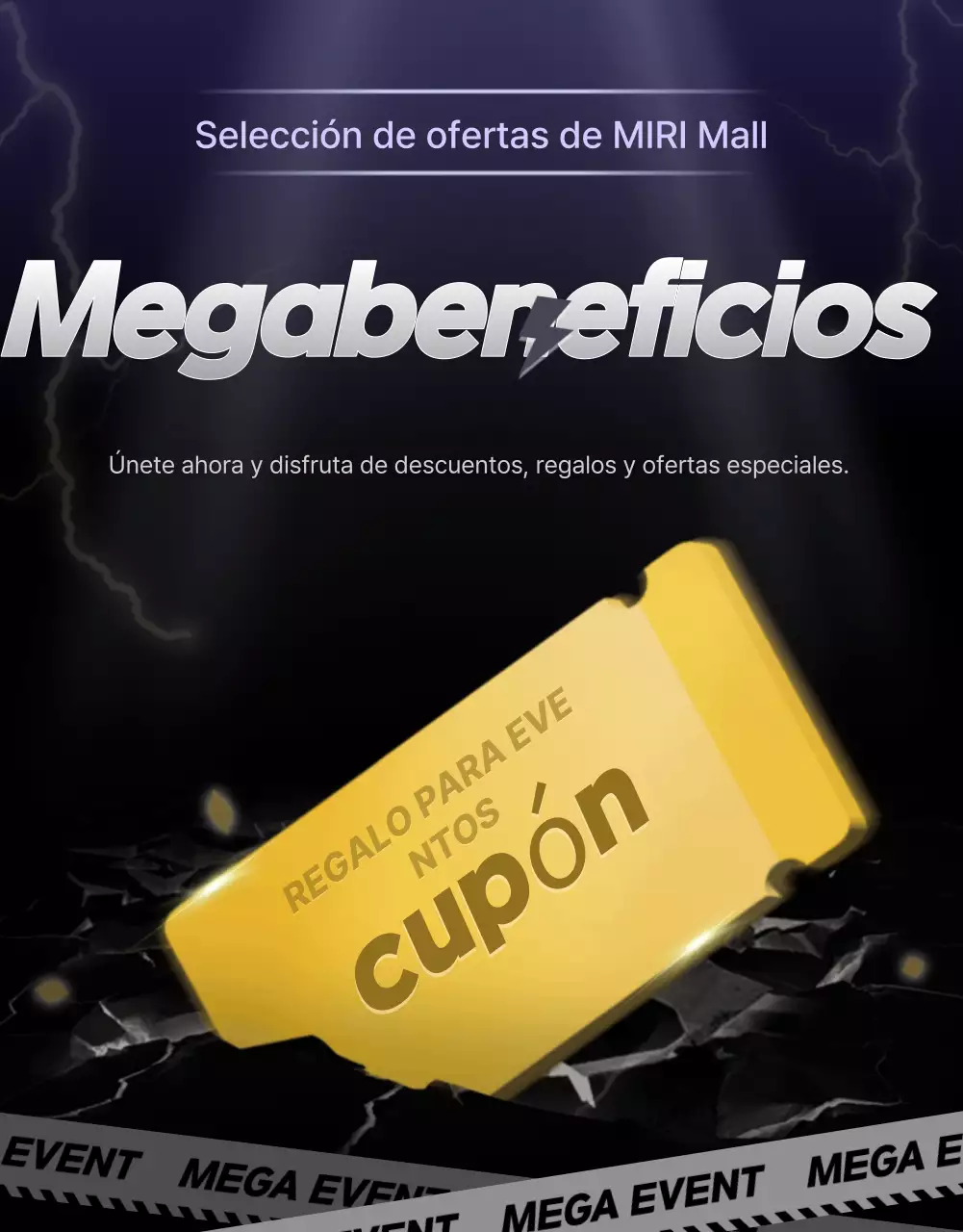 Una colección de promociones de eventos resaltadas en negro y azul marino