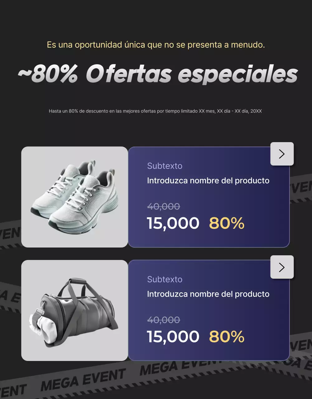 Una colección de promociones de eventos resaltadas en negro y azul marino
