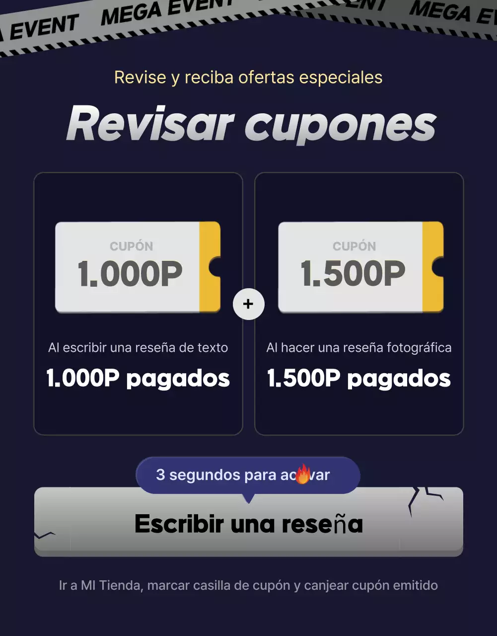 Una colección de promociones de eventos resaltadas en negro y azul marino