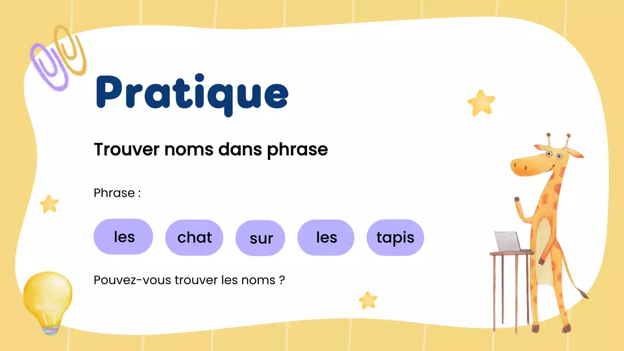 Cours de grammaire créative jaune et de noms pour la présentation des élèves