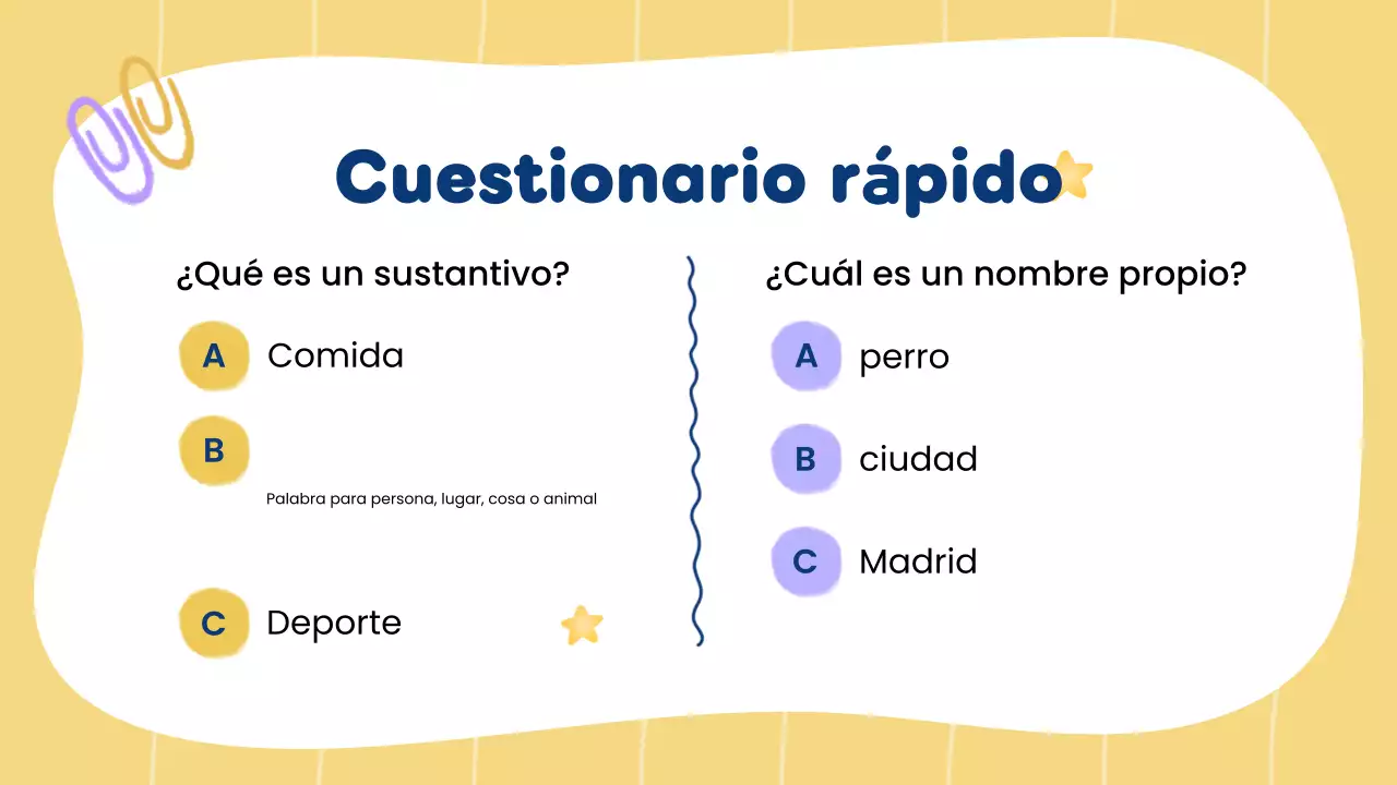 Clase de gramática creativa y sustantivos amarillos para presentación de estudiantes