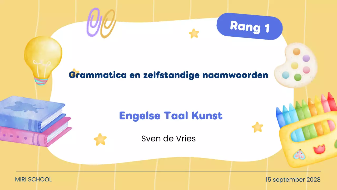 Gele creatieve grammatica en zelfstandige naamwoorden voor studentenpresentatie