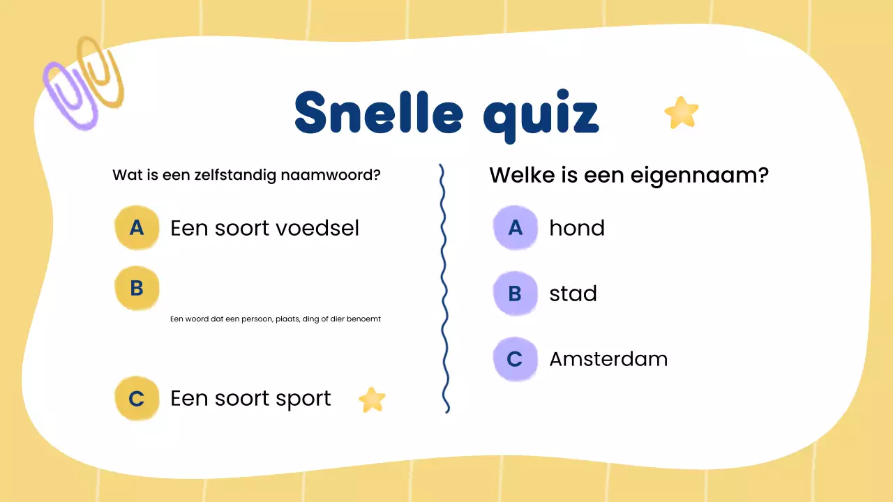 Gele creatieve grammatica en zelfstandige naamwoorden voor studentenpresentatie