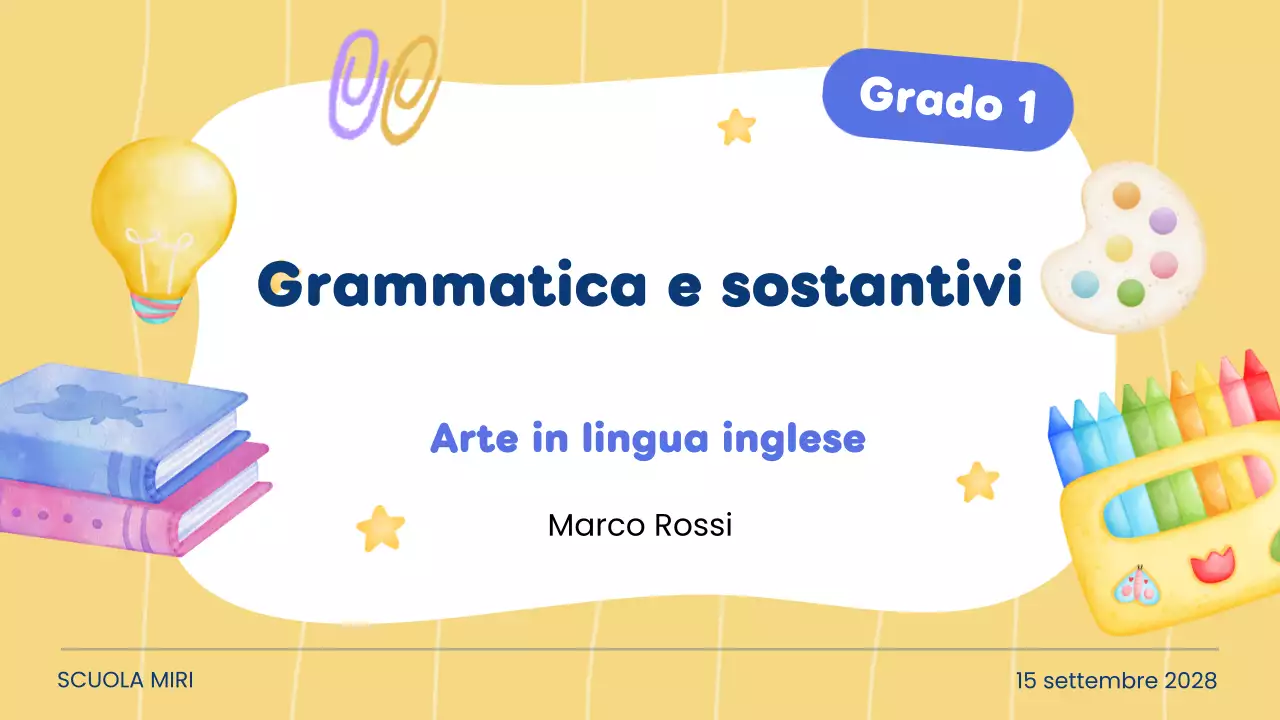 Classe di grammatica e sostantivi creativi gialli per la presentazione agli studenti