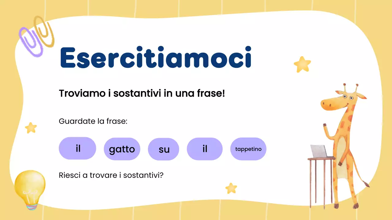 Classe di grammatica e sostantivi creativi gialli per la presentazione agli studenti