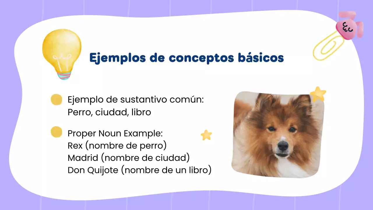 Clase de gramática creativa y sustantivos amarillos para presentación de estudiantes