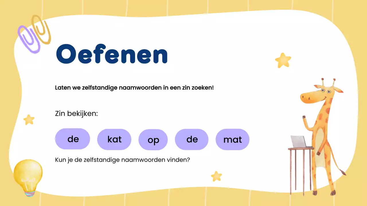 Gele creatieve grammatica en zelfstandige naamwoorden voor studentenpresentatie