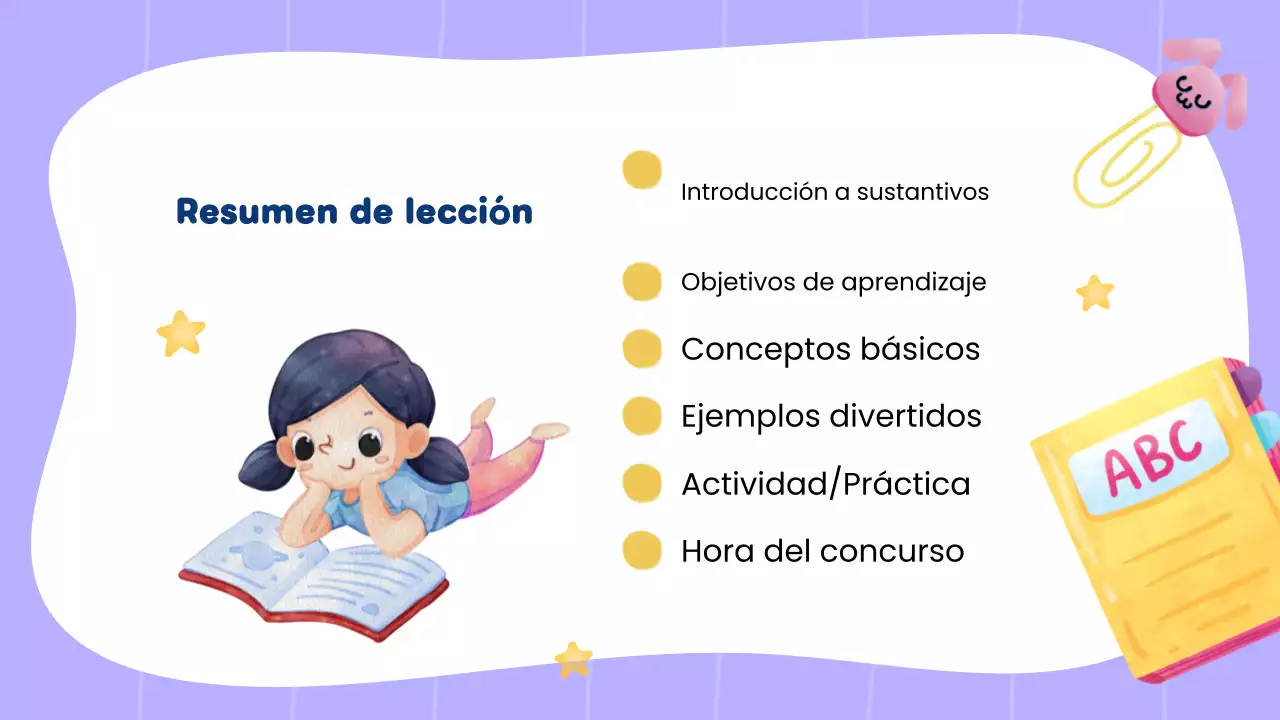 Clase de gramática creativa y sustantivos amarillos para presentación de estudiantes