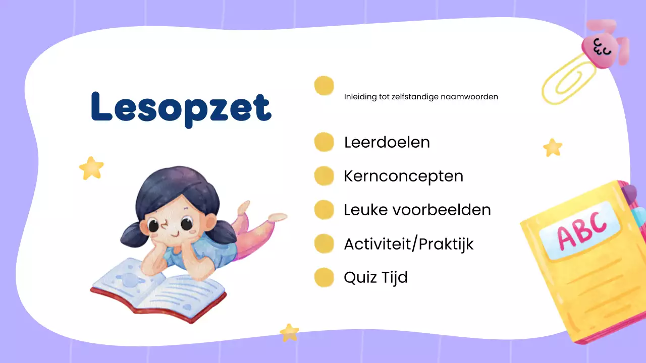 Gele creatieve grammatica en zelfstandige naamwoorden voor studentenpresentatie