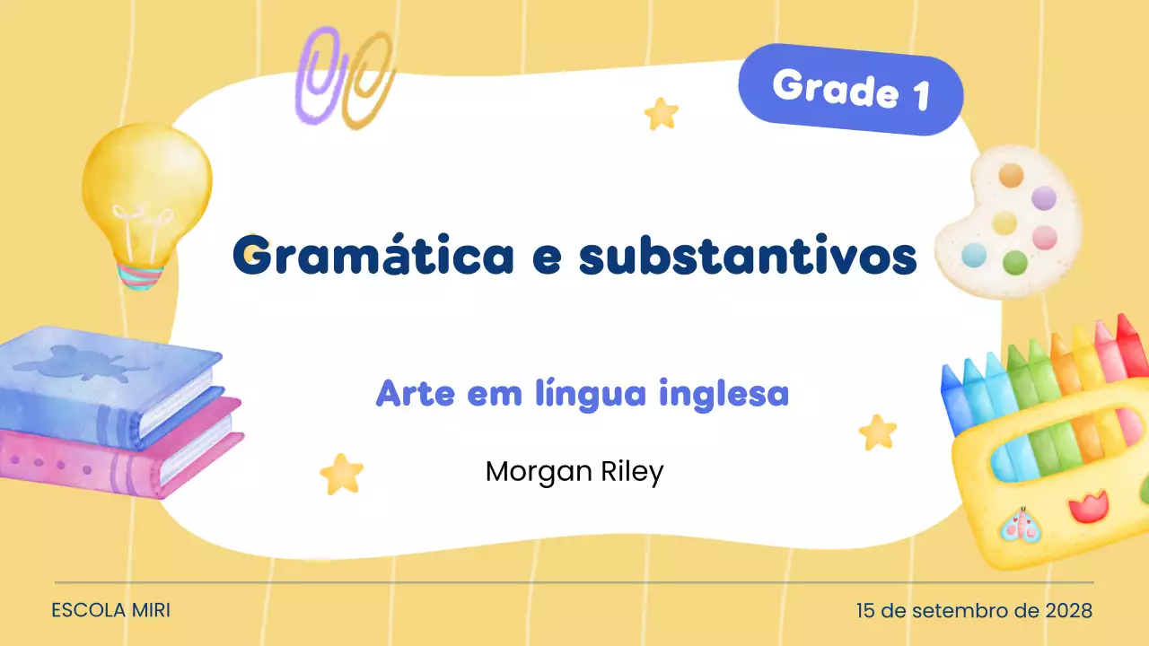 Aula de gramática e substantivos criativos amarelos para apresentação aos alunos