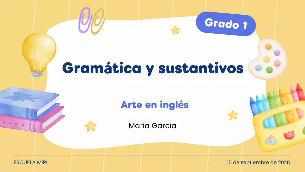 Clase de gramática creativa y sustantivos amarillos para presentación de estudiantes