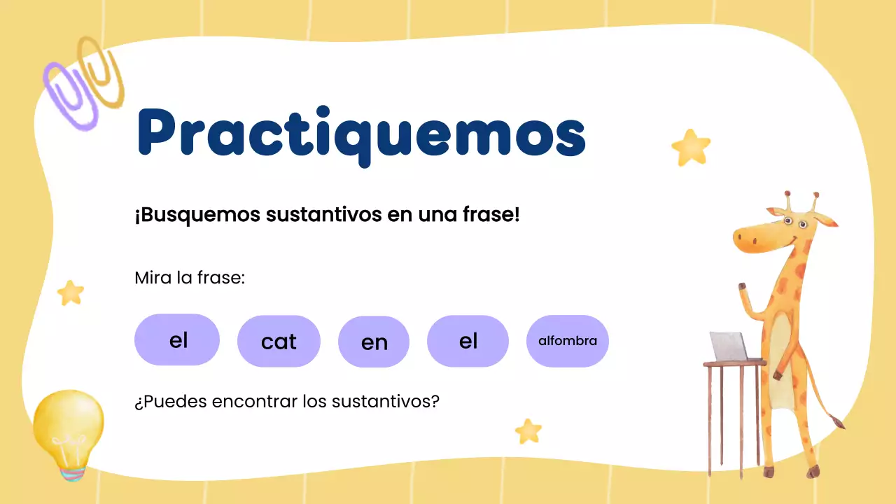 Clase de gramática creativa y sustantivos amarillos para presentación de estudiantes