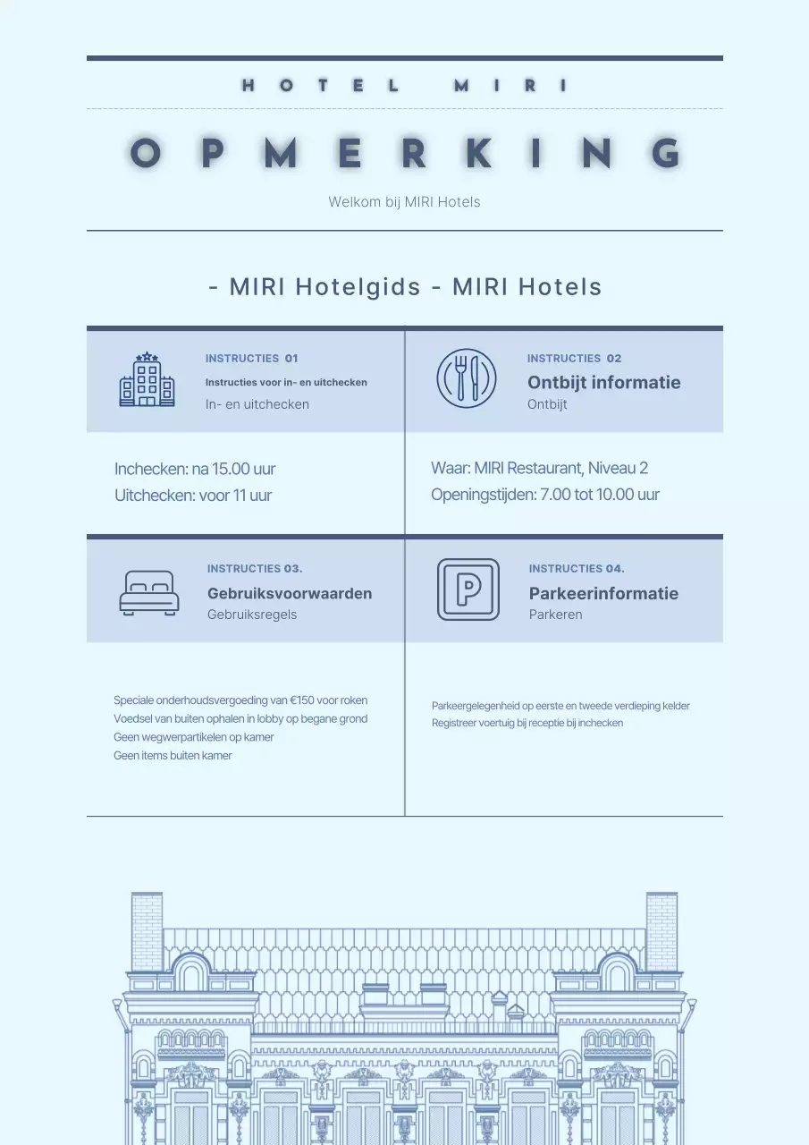 Een eenvoudige, lichtblauwe hotelgids