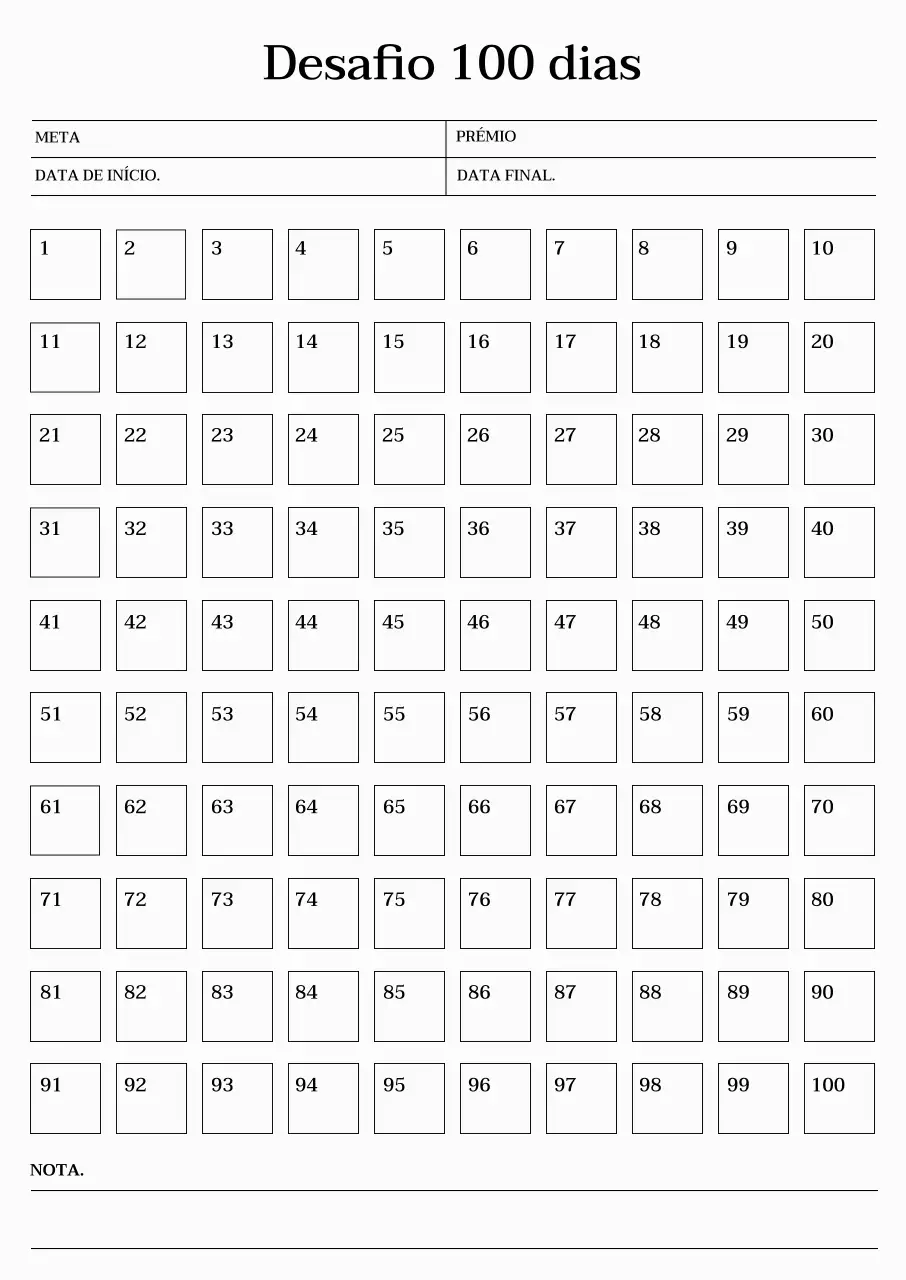 Calendário de objectivos emocionais para 100 dias com tipos de letra serifados e fundo bege
