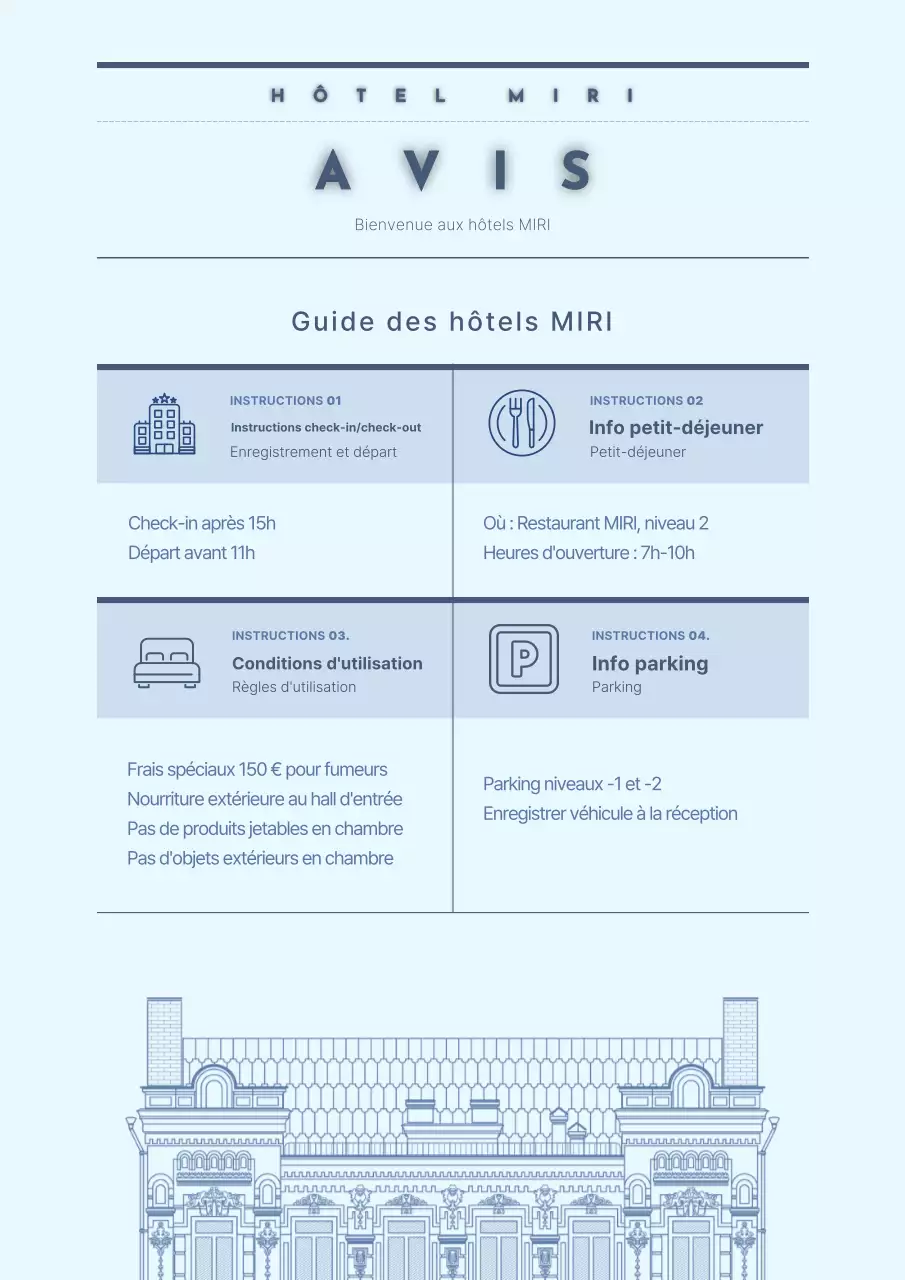 Un guide des hôtels simple et bleu clair