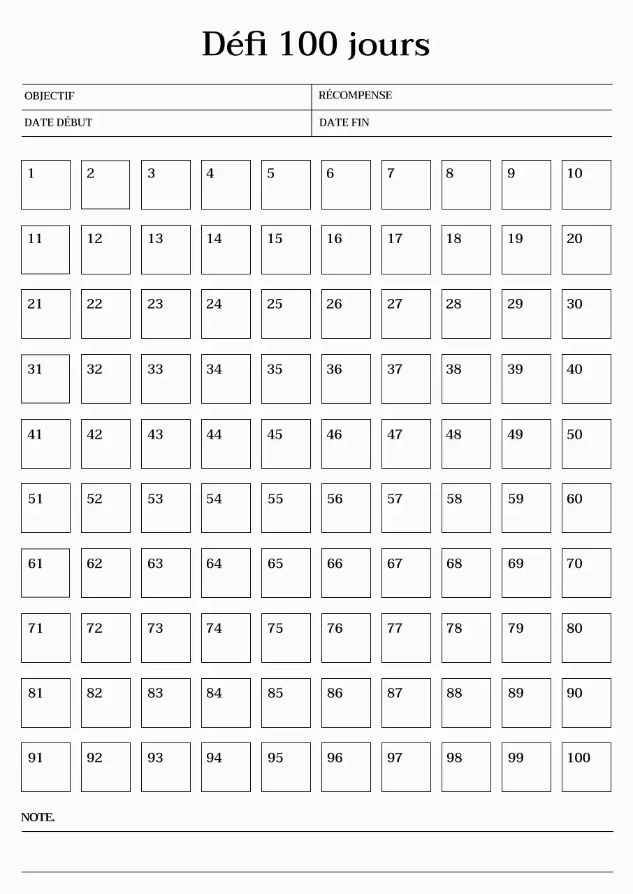 Calendrier émotionnel de 100 jours avec polices de caractères à empattement et fond beige