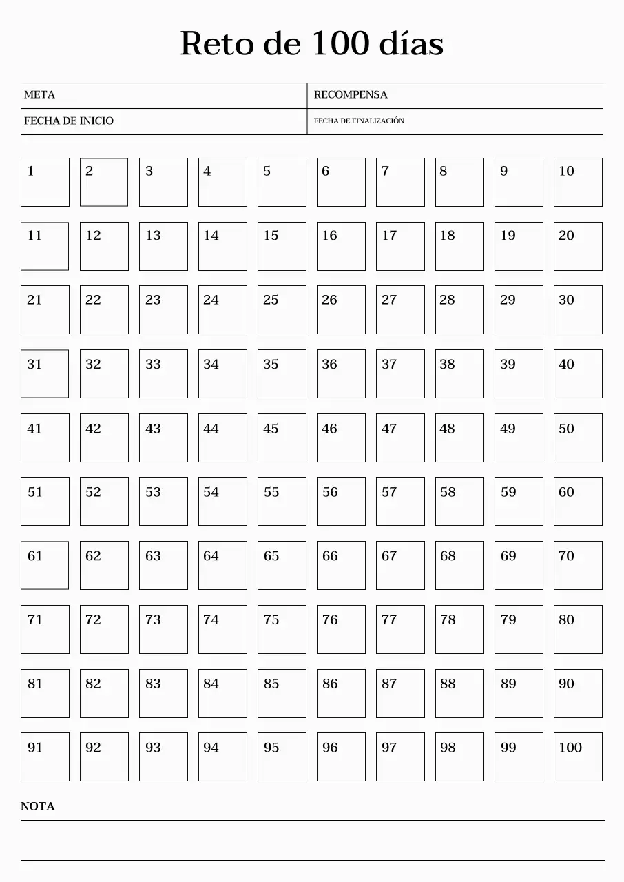 Emotivo calendario de objetivos de 100 días con fuentes serif y fondo beige