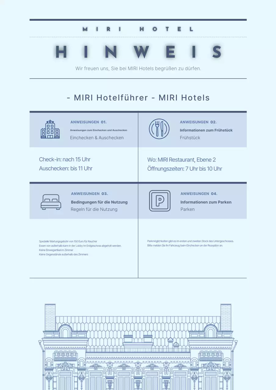 Ein einfacher, hellblauer Hotelführer