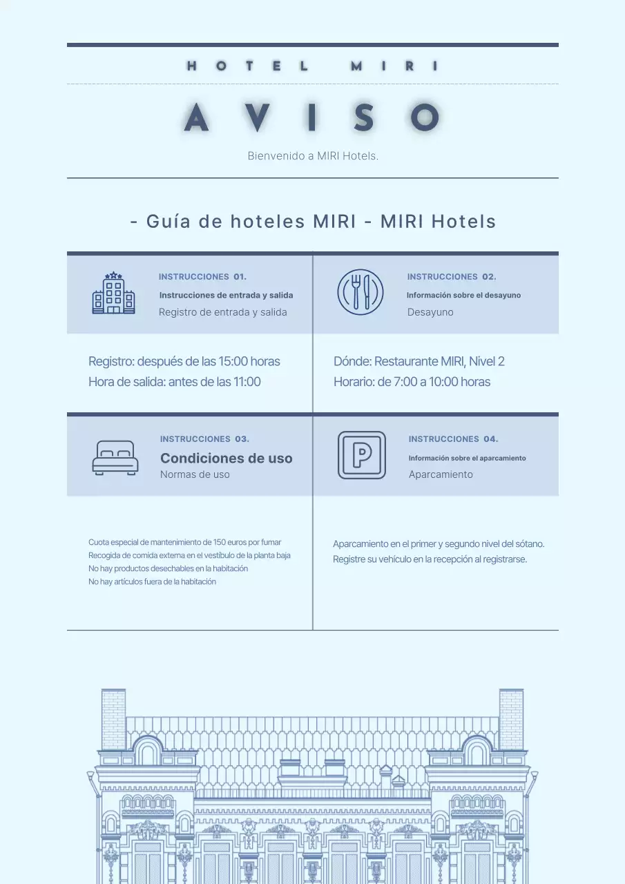 Una sencilla guía de hoteles de color azul claro