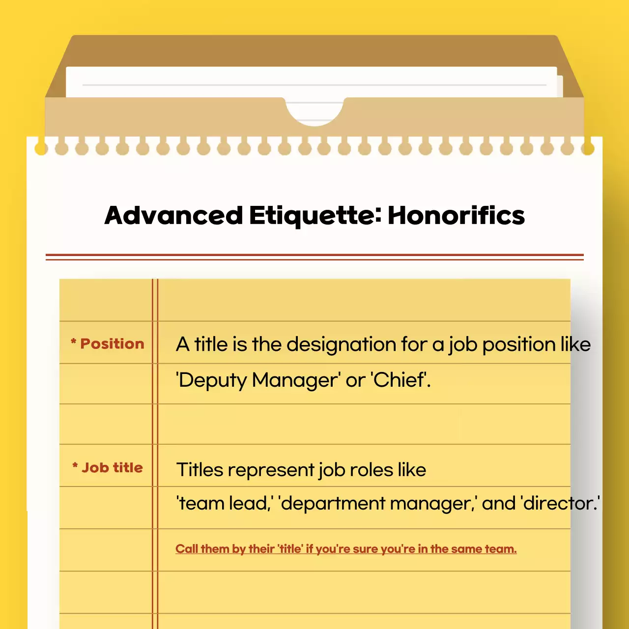 Manual de etiqueta simples amarelo para recém-formados no local de trabalho