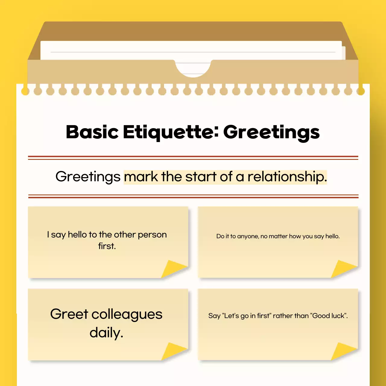 Manual de etiqueta simples amarelo para recém-formados no local de trabalho