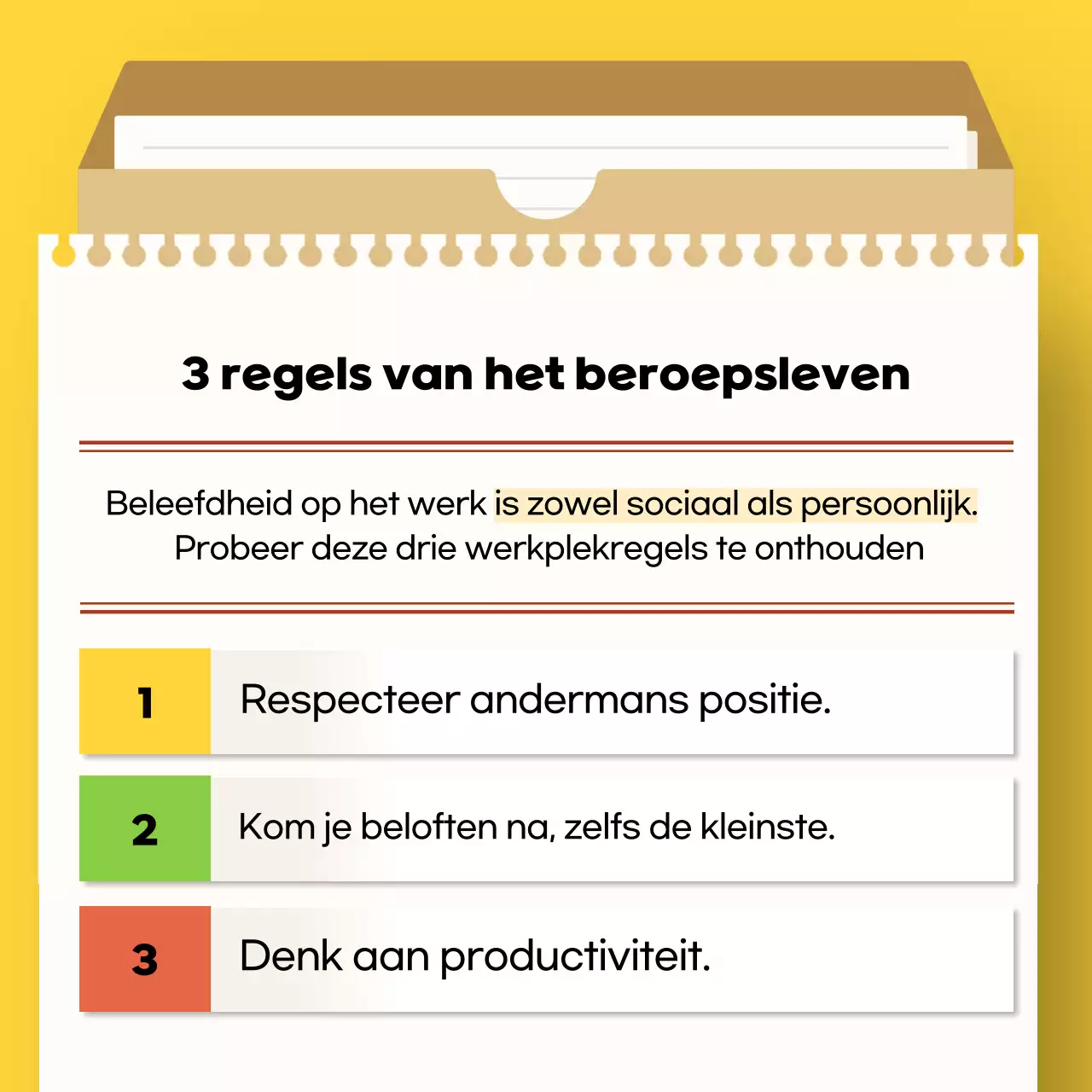 Gele eenvoudige werkplek etiquette handleiding voor pas afgestudeerden