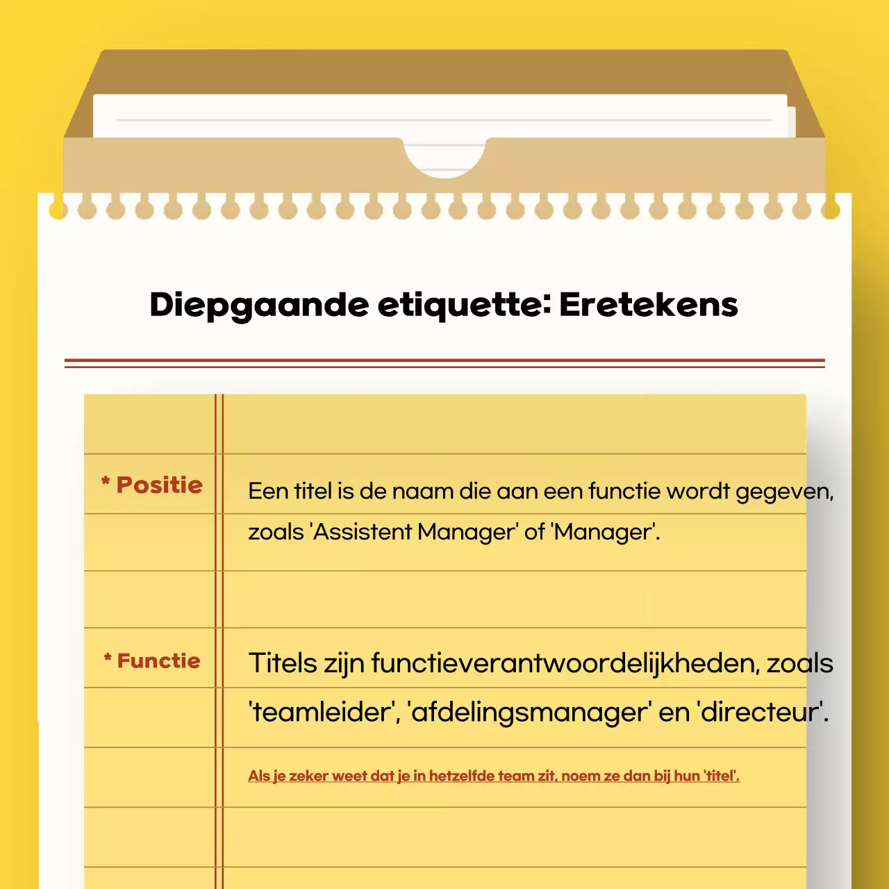 Gele eenvoudige werkplek etiquette handleiding voor pas afgestudeerden