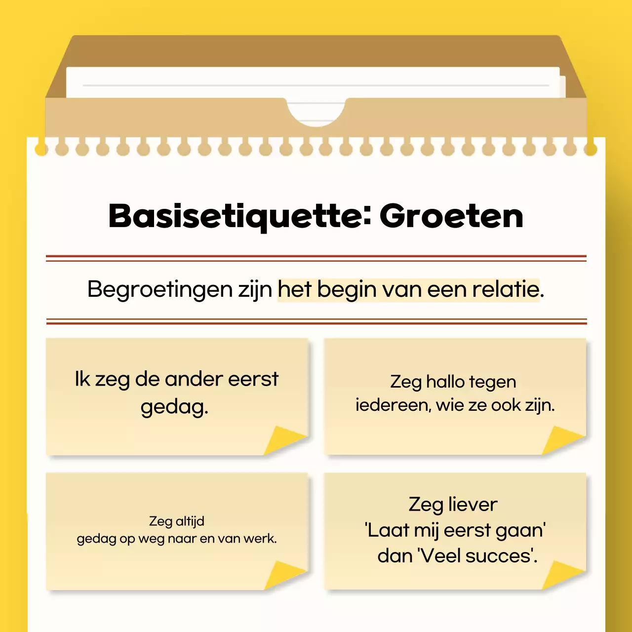 Gele eenvoudige werkplek etiquette handleiding voor pas afgestudeerden