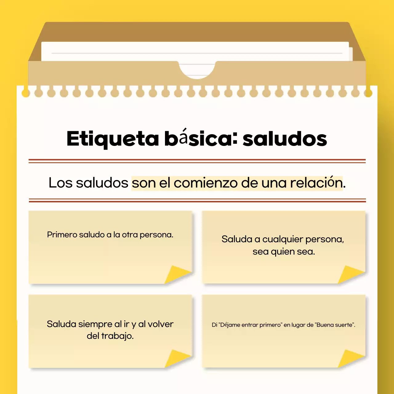 Manual amarillo de etiqueta en el trabajo para recién licenciados