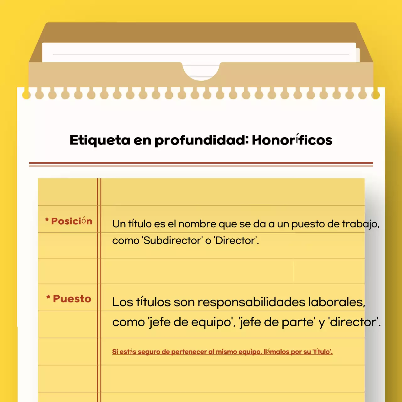 Manual amarillo de etiqueta en el trabajo para recién licenciados