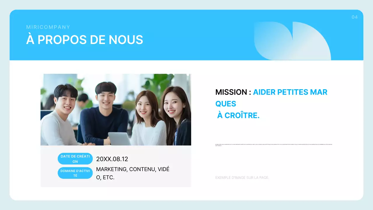 Description du profil de l'entreprise en bleu clair