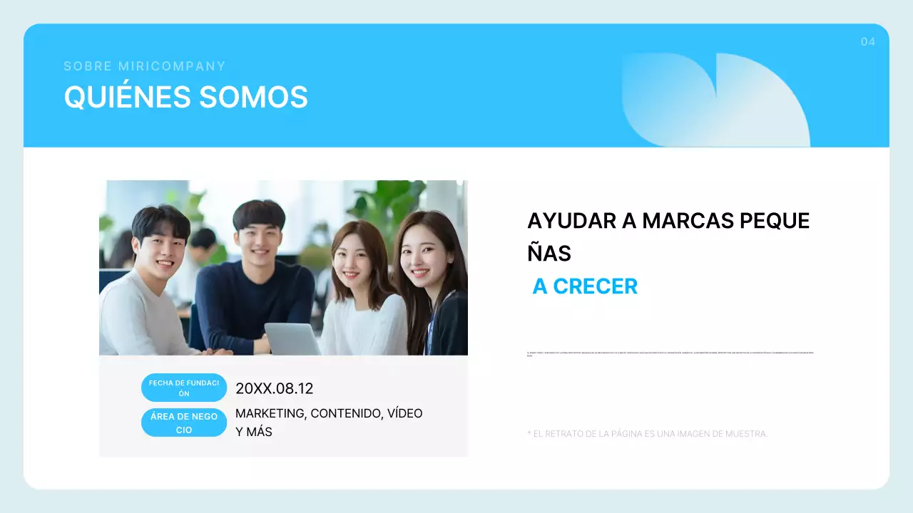 Descripción del perfil de la empresa en azul claro