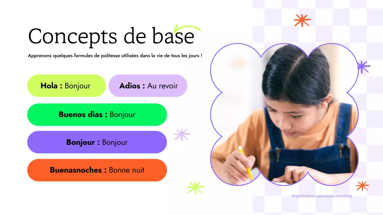 ILLUSTRATION COLORÉE, AMUSANTE ET TENDANCE COURS D'ESPAGNOL POUR ENFANTS PRÉSENTATION