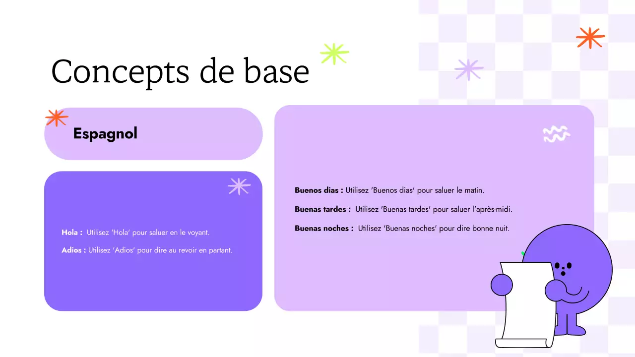 ILLUSTRATION COLORÉE, AMUSANTE ET TENDANCE COURS D'ESPAGNOL POUR ENFANTS PRÉSENTATION