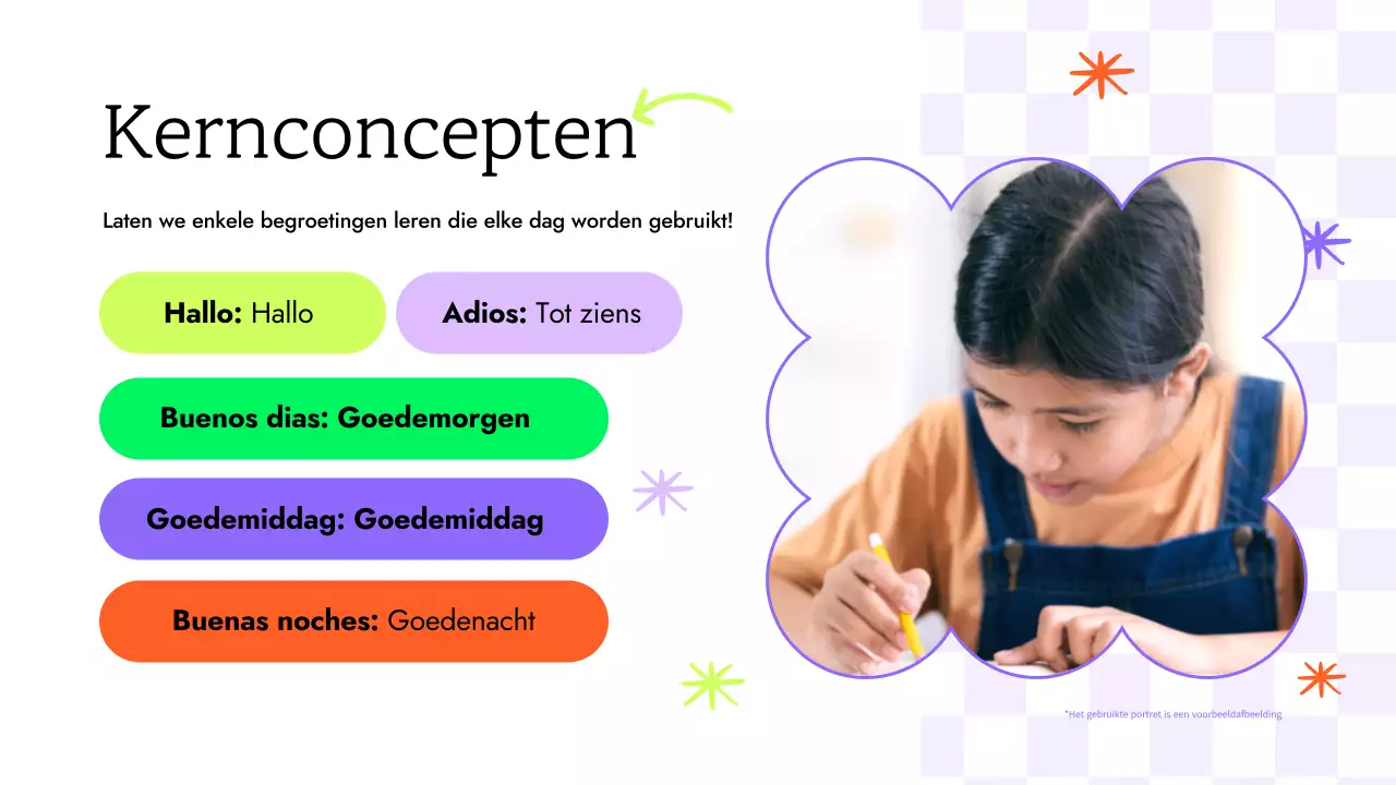 TRENDY LEUKE KLEURRIJKE ILLUSTRATIE SPAANSE LES VOOR KINDEREN PRESENTATIE