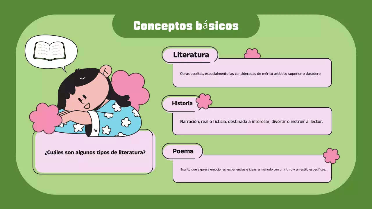 Presentación ilustrativa azul y verde de la introducción a la literatura