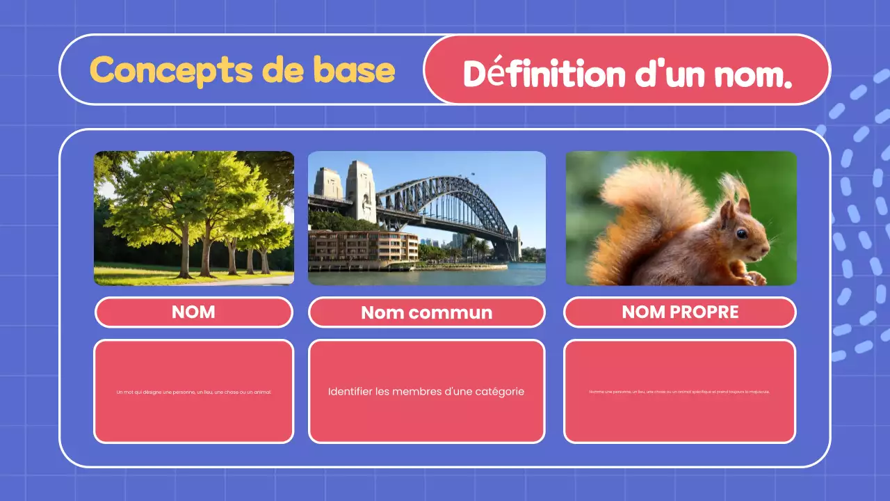 Présentation du cours de grammaire simple et de noms en bleu
